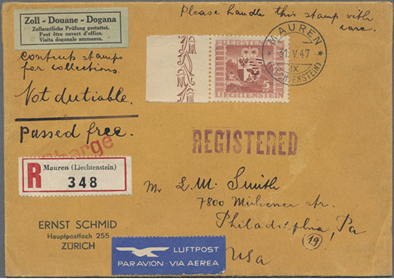 1947,31.5., 5 Fr. Wappen Braunrot, Randstück Auf R-LP-Brief Von Mauren Nach Philadelphia/USA Mit U.a. Rs. US-Zollstempel - Sonstige & Ohne Zuordnung