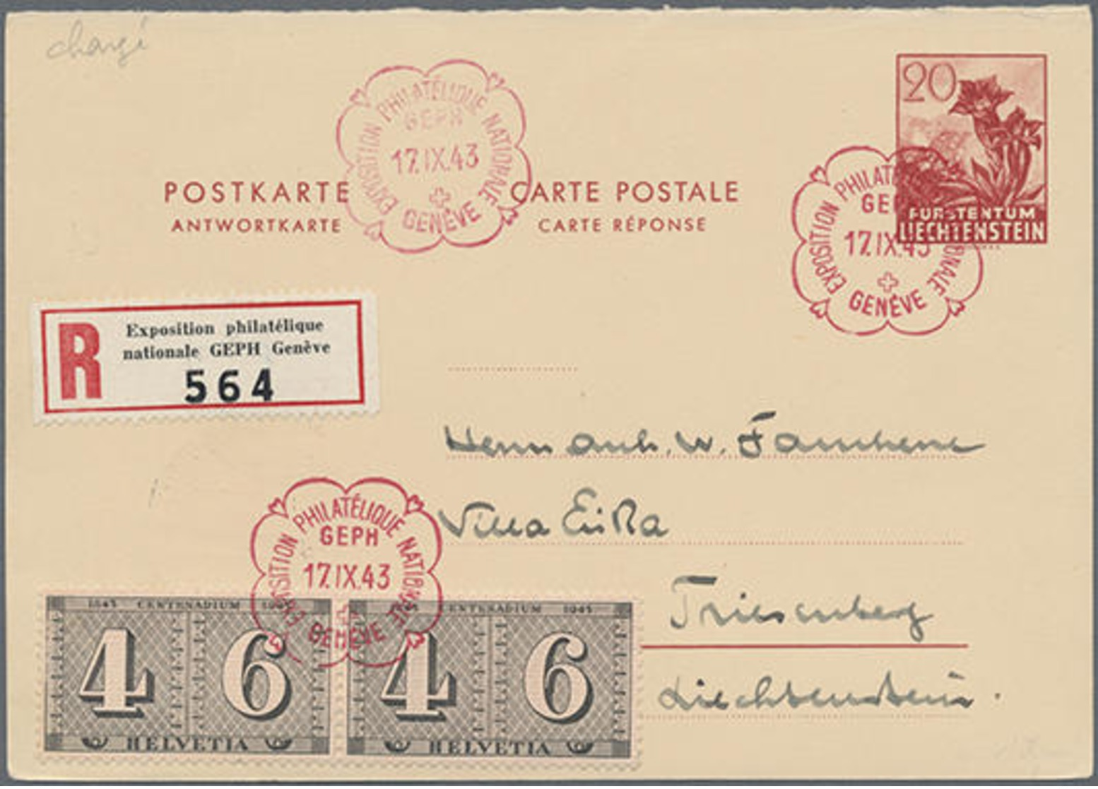 1943, 20 Rp. Enzian Antwortteil, Mit CH-ZuF Als R-Karte Mit GEPH-Ausstellungs-SST Und Sonder-R-Zettel Nach Triesenberg - Altri & Non Classificati