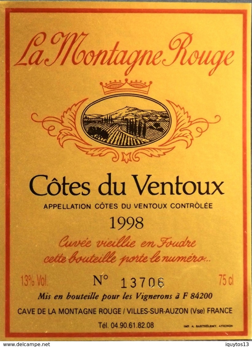 ETIQUETTE De VIN - " CÔTES Du VENTOUX 1998 " - La Montagne Rouge 13° - 75cl - Parfait Etat - Côtes Du Ventoux