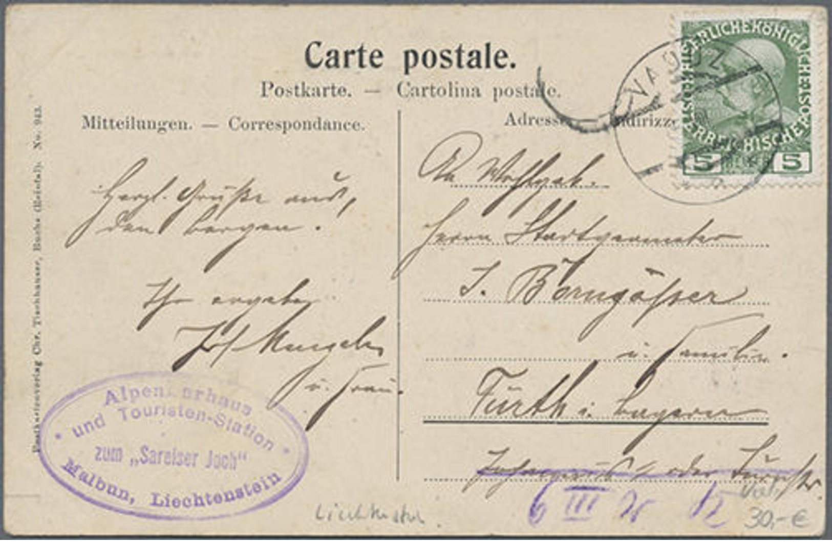 Ca.1910, FL-Ansichtskarten, Fotokarte Alpenkurhaus Malbun..." Echt Gelaufen" - Altri & Non Classificati