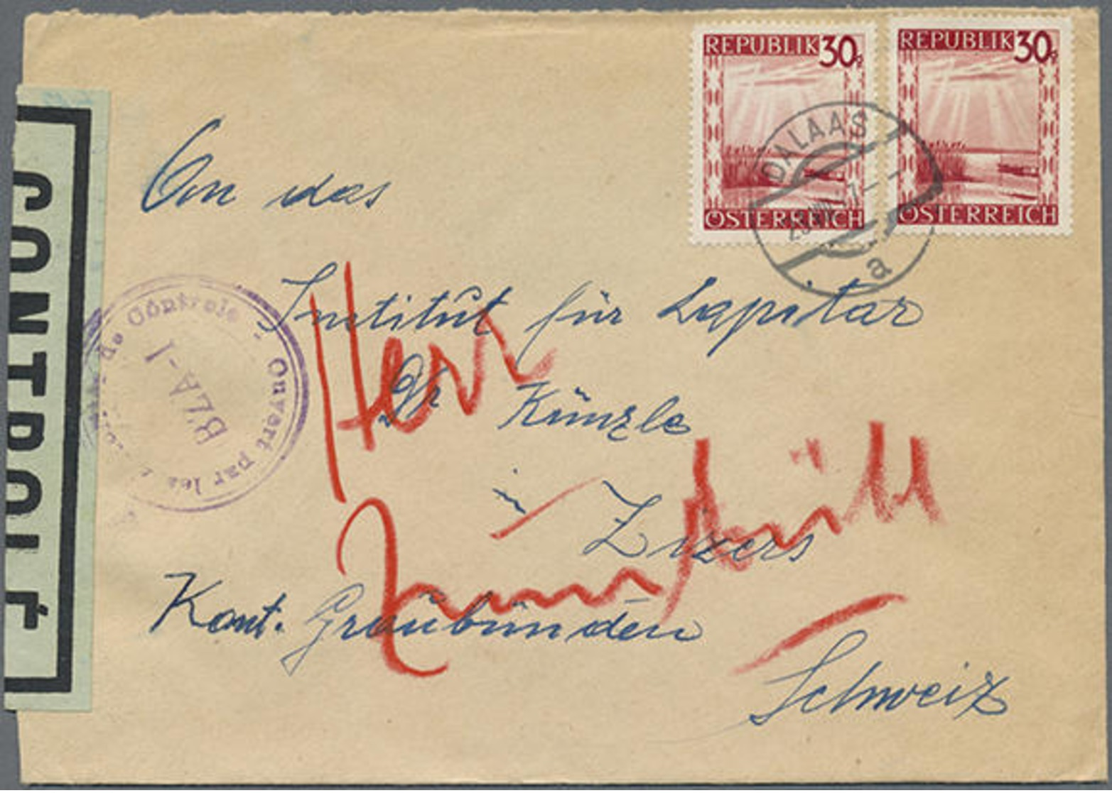 1947, 2x 30 G. Neusiedler See Auf Bedarfsbrief Von Dalaas Mit Franz. Zensurstreifen Und Zensurstempel Der Zensurstelle B - Other & Unclassified