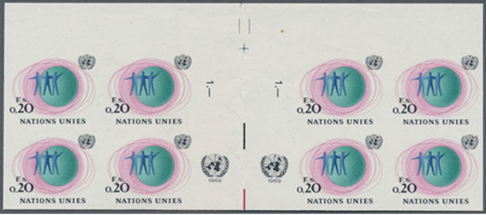 1969, 0,20 Fr.3 Figuren Vor Globus In 2 Ungezähnten Postfrischen 4er-Blocks Mit Zwischenstegen(mittig Gefaltet) Und UNO- - Sonstige & Ohne Zuordnung