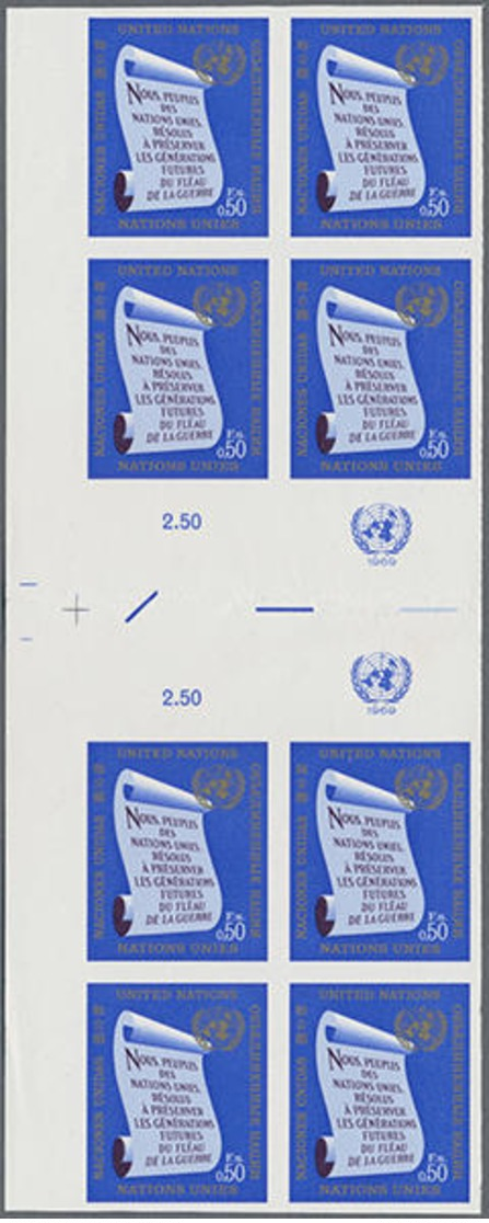 1969, 0,50 Fr. UN-Charta In 2 Ungezähnten Postfrischen Senkr. 4er-Blocks Mit Zwischenstegen (mittig Gefaltet) Und UNO-Em - Sonstige & Ohne Zuordnung