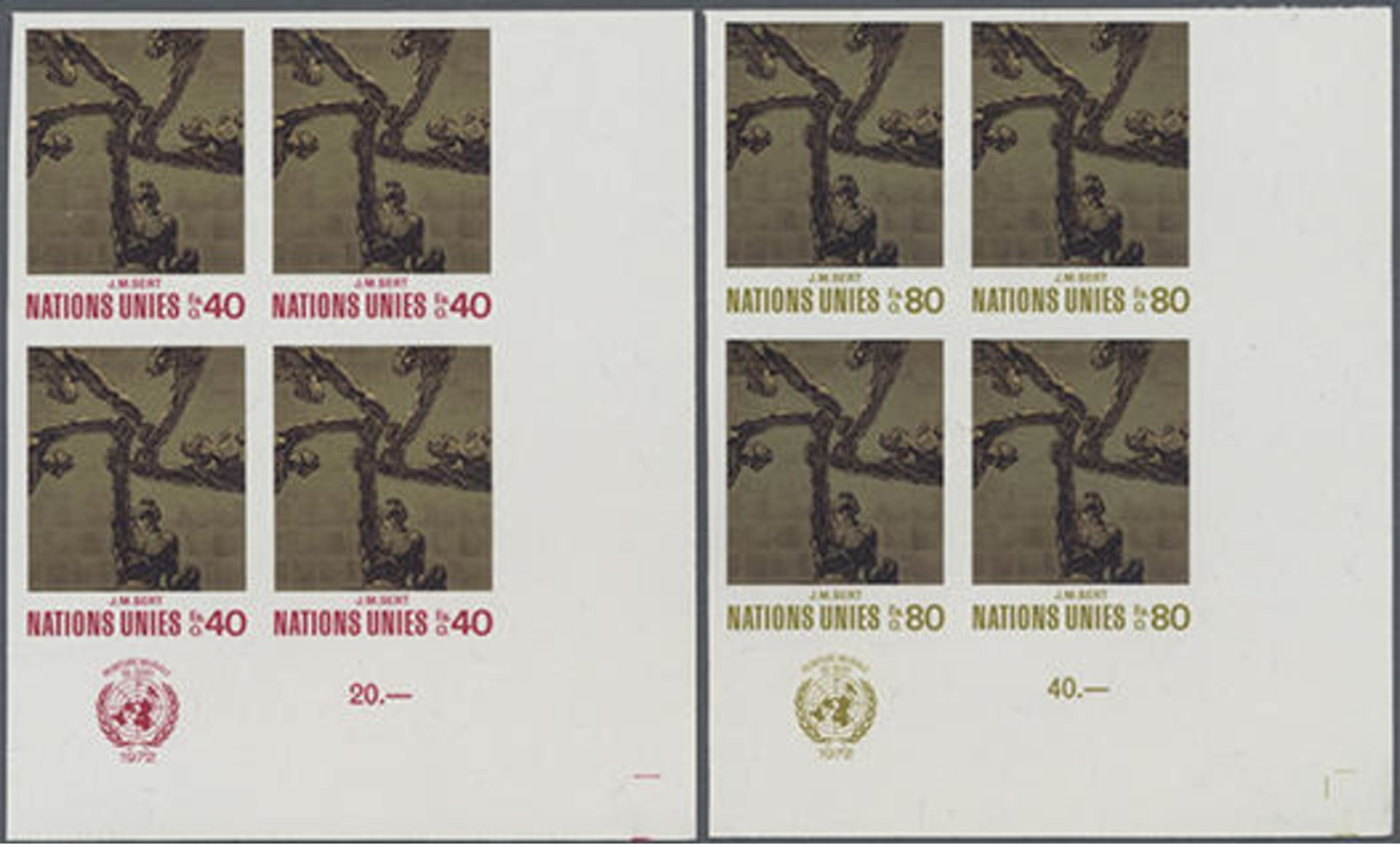 1972, 0,40 U. 0,80 Fr. Kunstwerke In 2 Ungezähnten Postfrischen Re.unt. Eckrand-4er-Blocks Mit UNO-Emblem,gummiseitig üb - Sonstige & Ohne Zuordnung