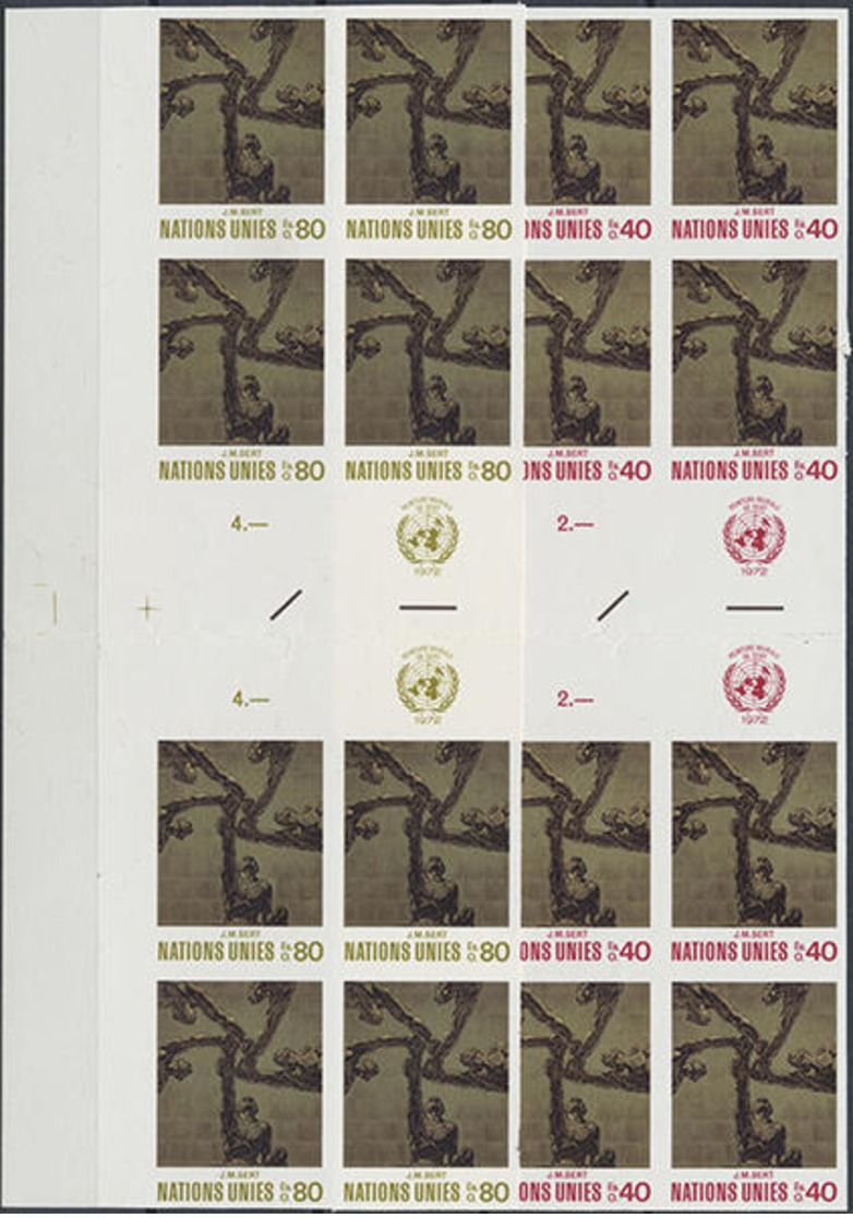 1972, 0,40 U. 0,80 Fr. Kunstwerke In 2 Ungezähnten Postfrischen Rand-4er-Blocks Mit Zwischenstegen Und Mit UNO-Emblem,gu - Sonstige & Ohne Zuordnung