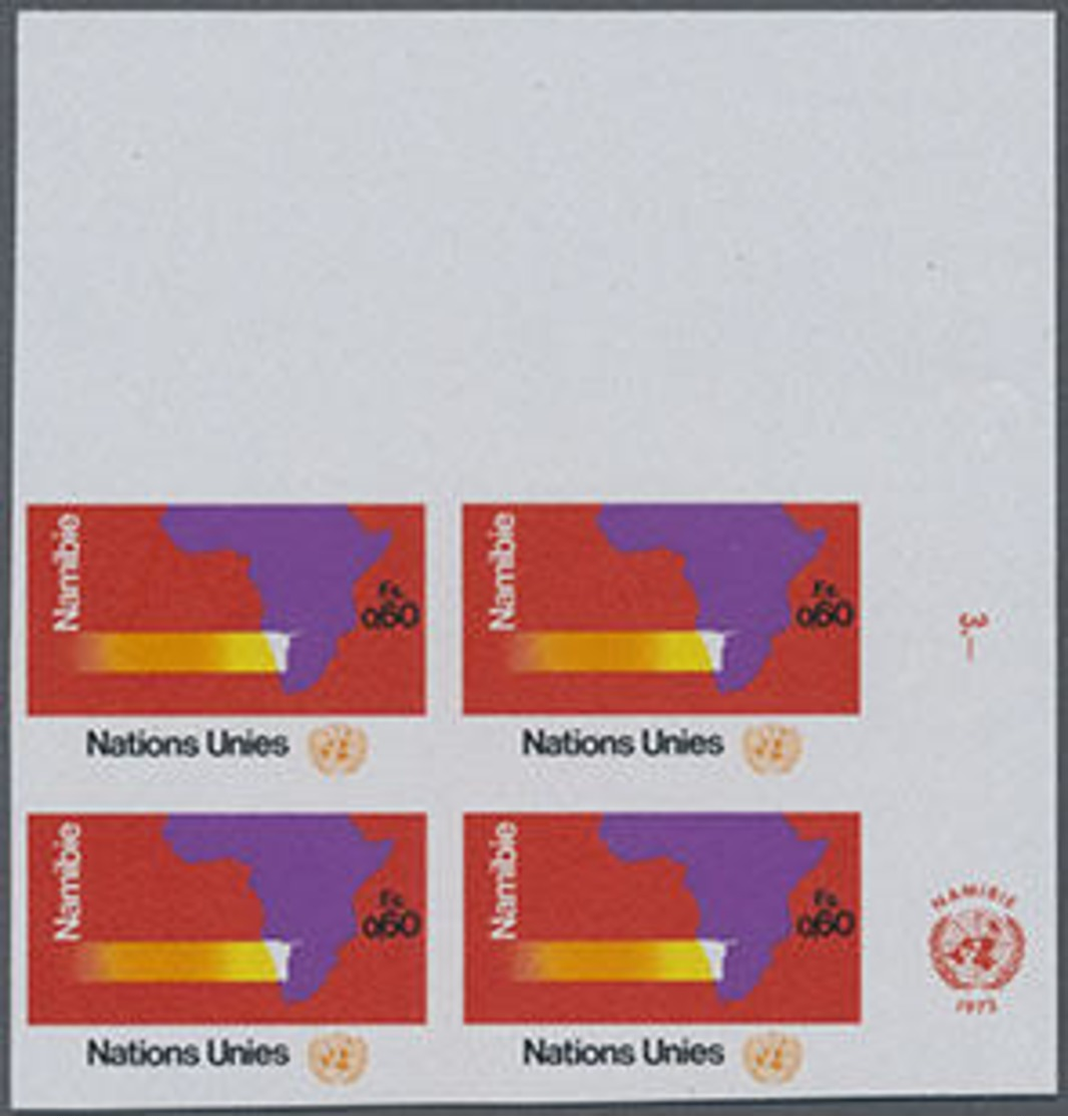 1973, 0,60 Fr. UN-Namibia-Rat Im Ungezähnten Postfrischen Re.ob.Eckrand-4er-Block Mit UNO-Emblem - Autres & Non Classés