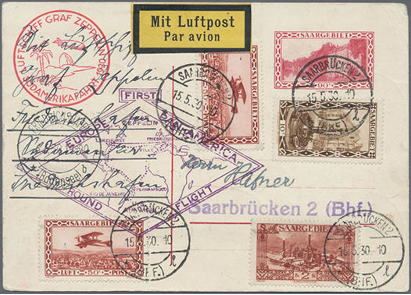 1930, Saar,Südamerikafahrt Rundfahrt Auf 90 C.Saar-Ganzsache Mit ZuF (teils Rs.)ab Saarbrücken, Lt. FKB Geigle Echt,Mark - Other & Unclassified