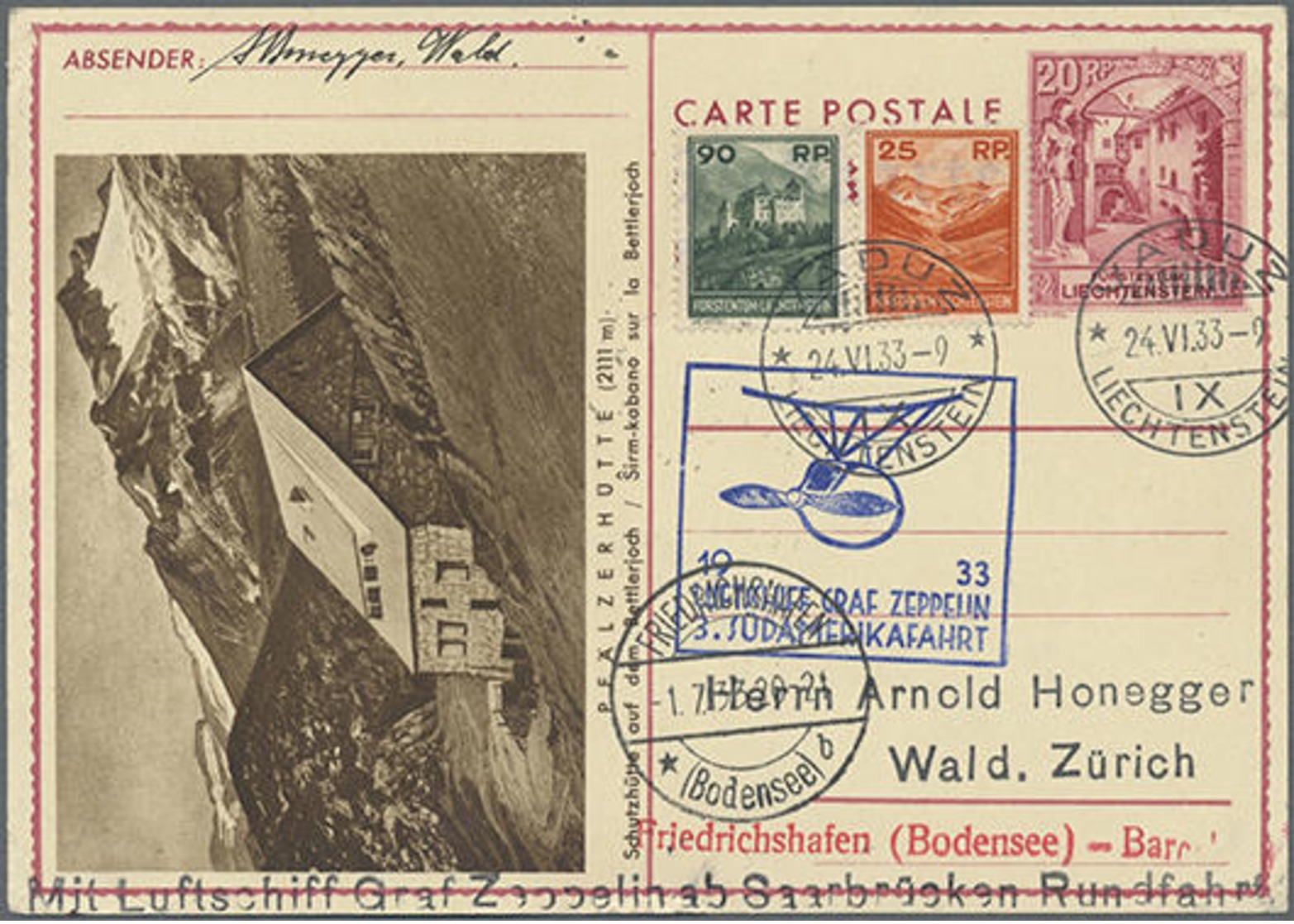 1933,Liechtenstein, 3.Südamerikafahrt Bis Barcelona, (eigentlich Für Saarrundfahrt Vorgesehen) Auf 20 Rp. Bildpost-GA Mi - Otros & Sin Clasificación