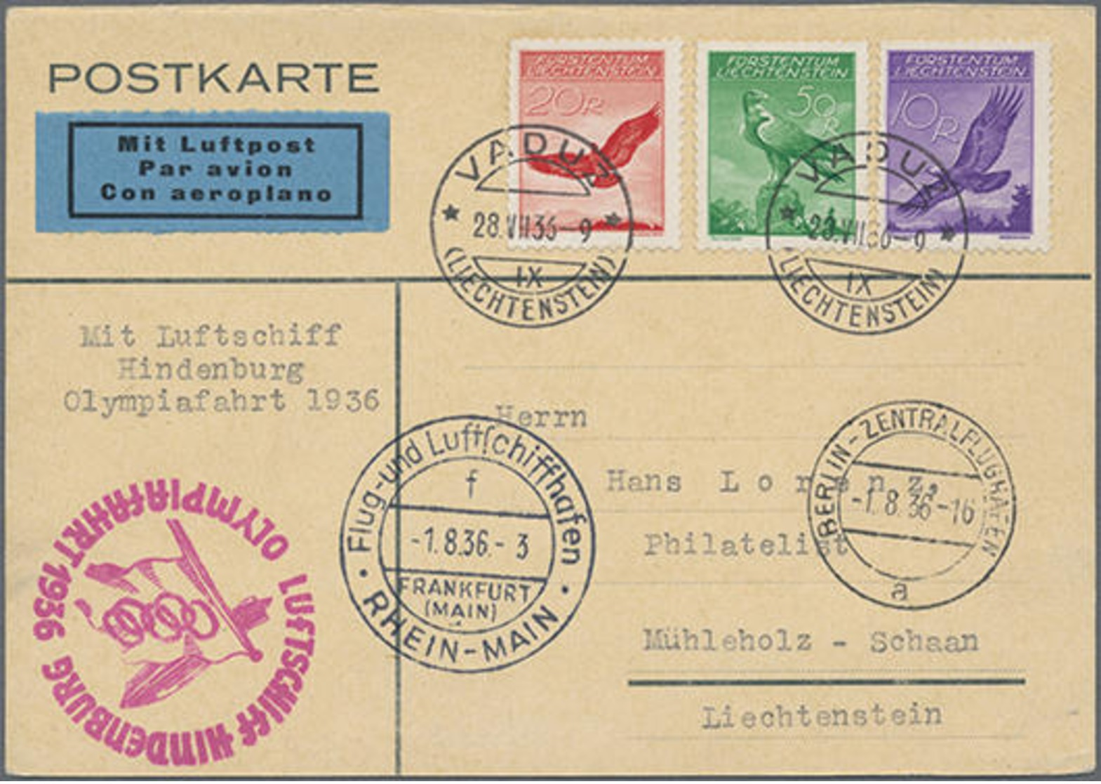 1936,Liechtenstein, Olympiafahrt Auf Karte Ab Vaduz Mit 10,20 U 50 Rp. Flugpost,Mi.400.- - Other & Unclassified