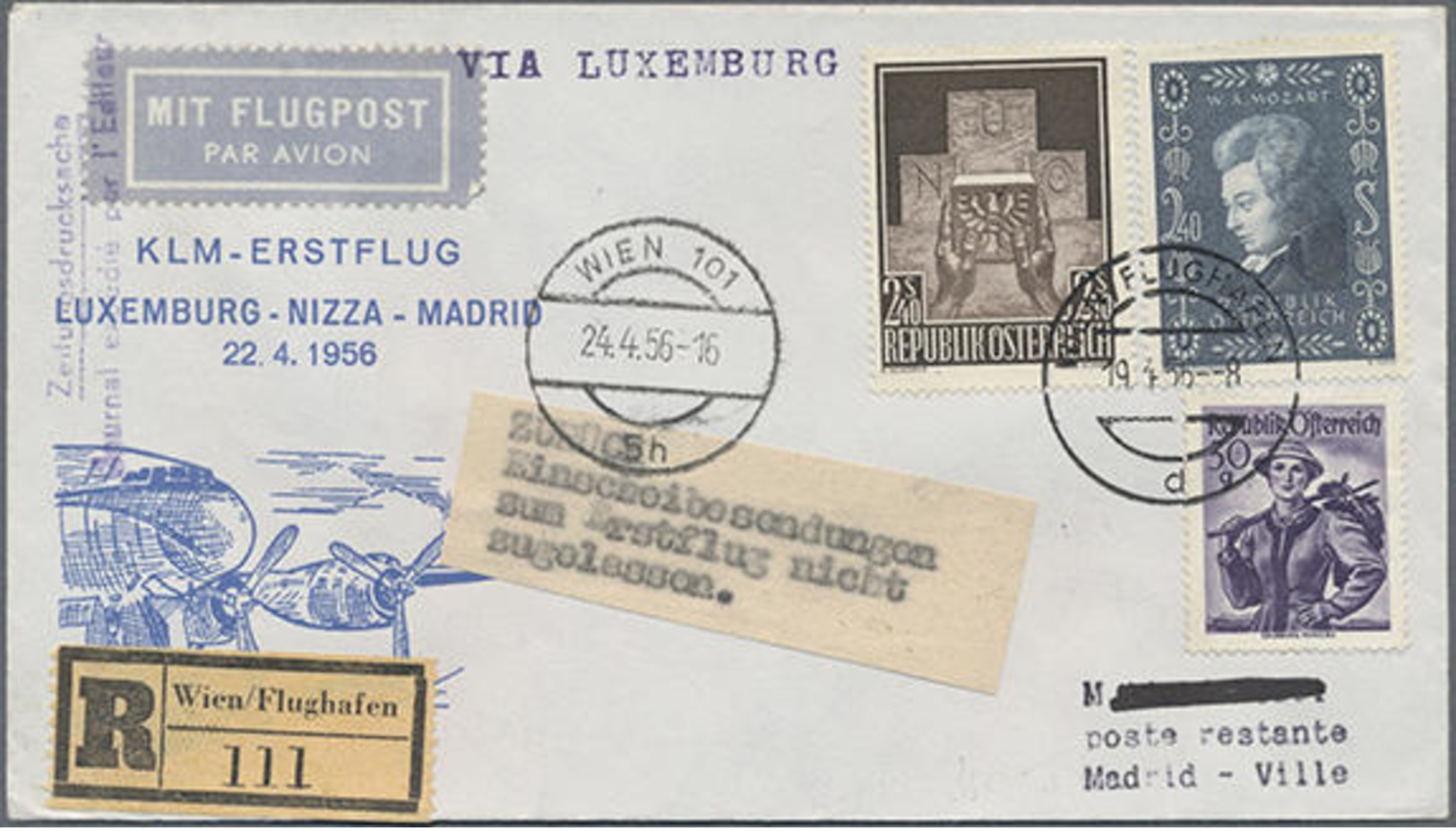 1956, KLM-Erstflug Luxemburg-Nizza-Madrid Auf R-Drucksache-Brief Ab Wien Mit Zurück-Klebezettel Einschreibsendungen Zum  - Altri & Non Classificati