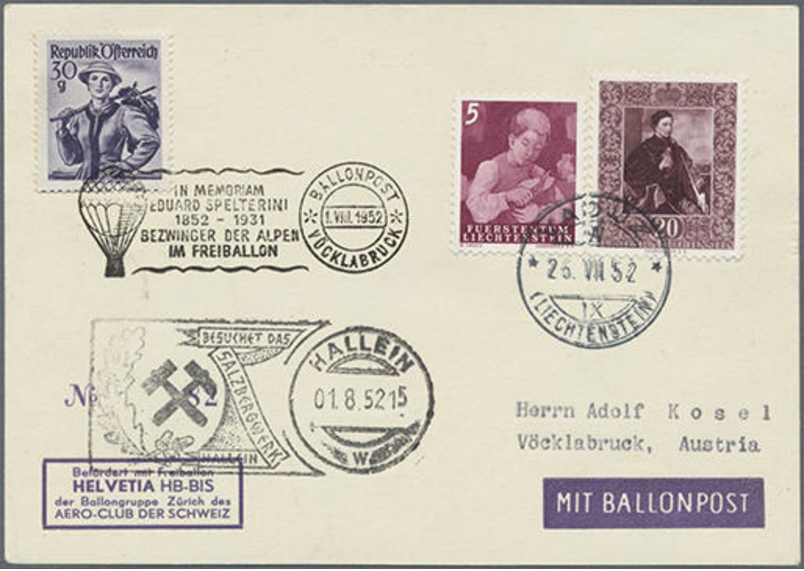 1952,2.öster. Kinderdorf-Sonderballonpost (Spelterini-Gedenkflug) Vöcklabruck-Hallein Auf Karte Mit MiF FL/Ö, Mi. 400.- - Other & Unclassified