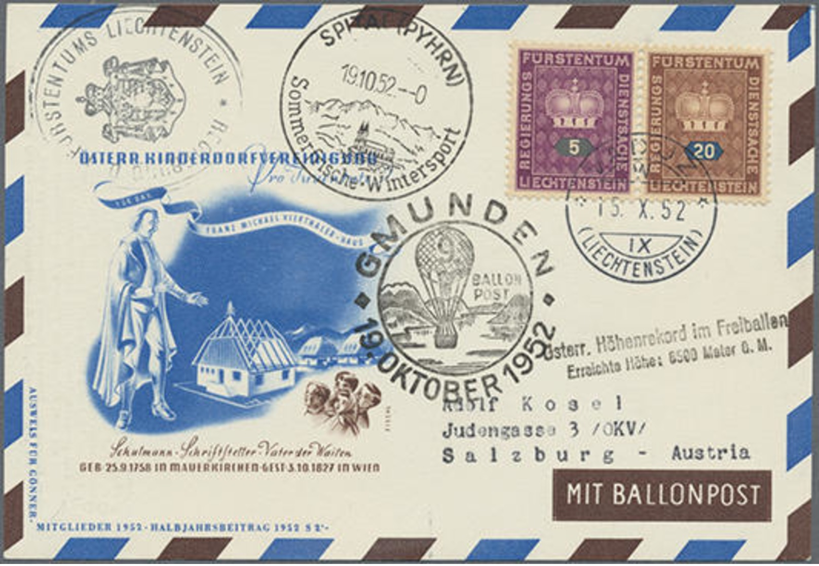 1952, Österr. Ballonpost Gmunden-Spittal Auf Kinderdorf-Karte Mit FL-Dienstmarken-Frankatur, Mi. 160.- - Other & Unclassified