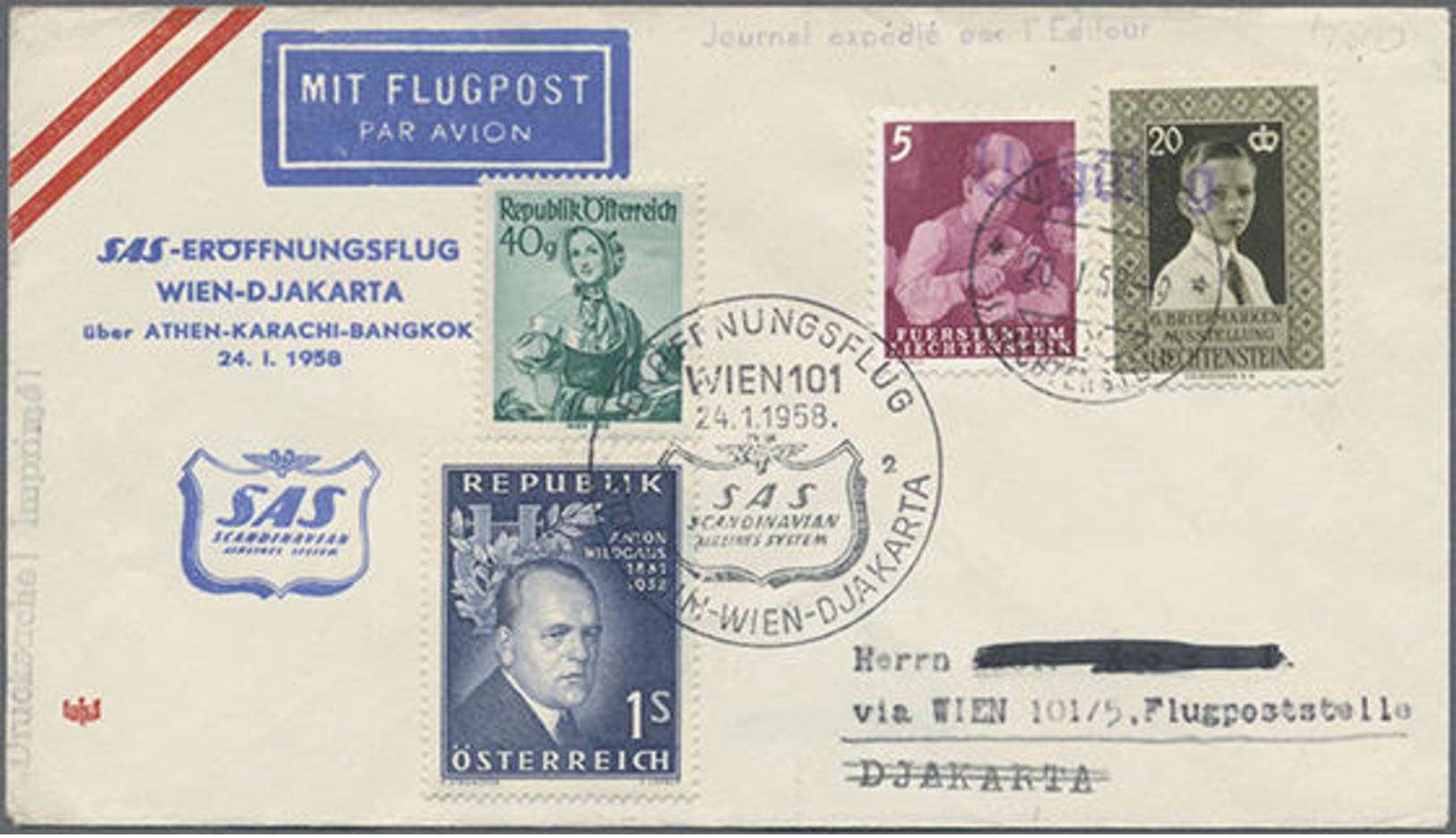 1958,24.1,Liechtenstein, SAS-Erstflug Wien-Djakarta Ab Vaduz Mit MiF Österreich/FL, FL-Marken Zusätzlich Mit Ungültig-St - Other & Unclassified