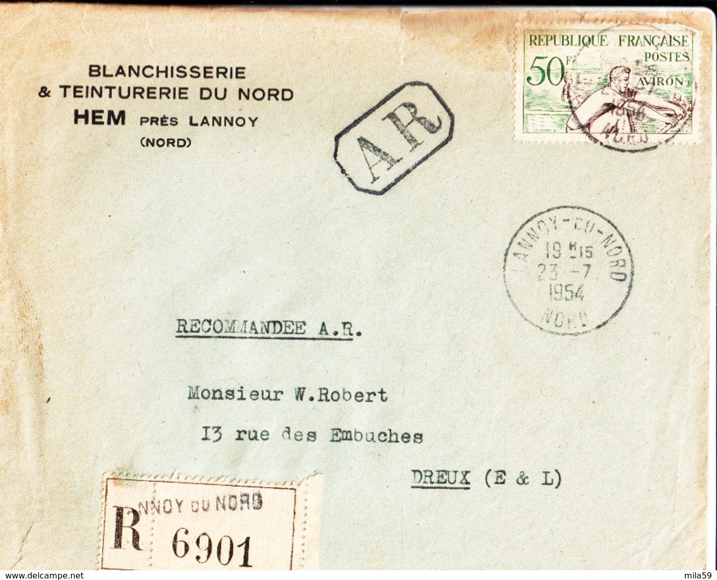 Enveloppe. Blanchisserie & Teinturerie Du Nord à Hem à M. W. ( Walter Louis François, Huissier ) Robert à Dreux . 1954. - Autres & Non Classés