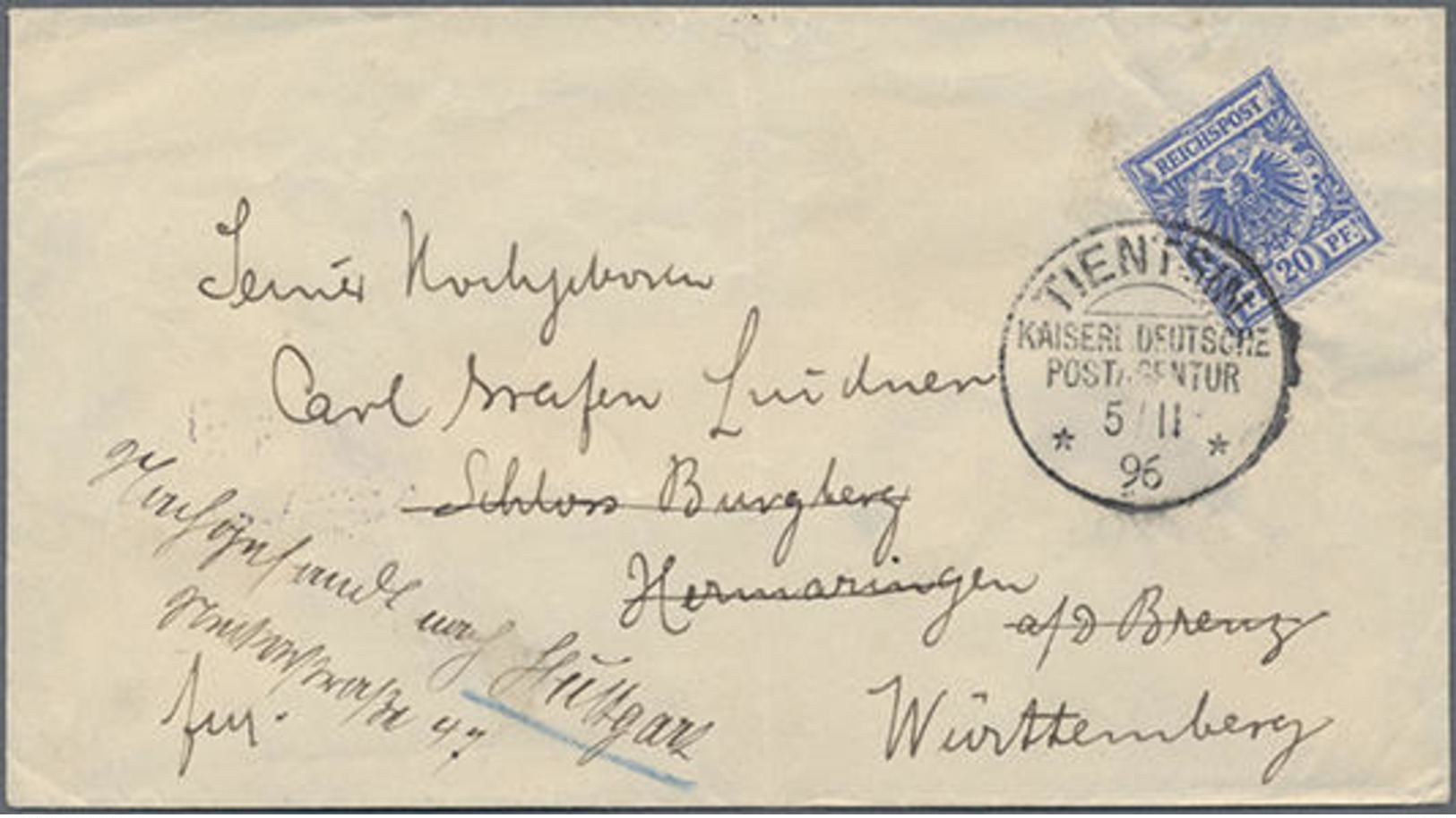 1896, 20 Pf. Krone/Adler Auf Brief Von KPDAG Tienstsin Nach Hermaringen Und Weitergeleitet Nach Stuttgart - China (offices)