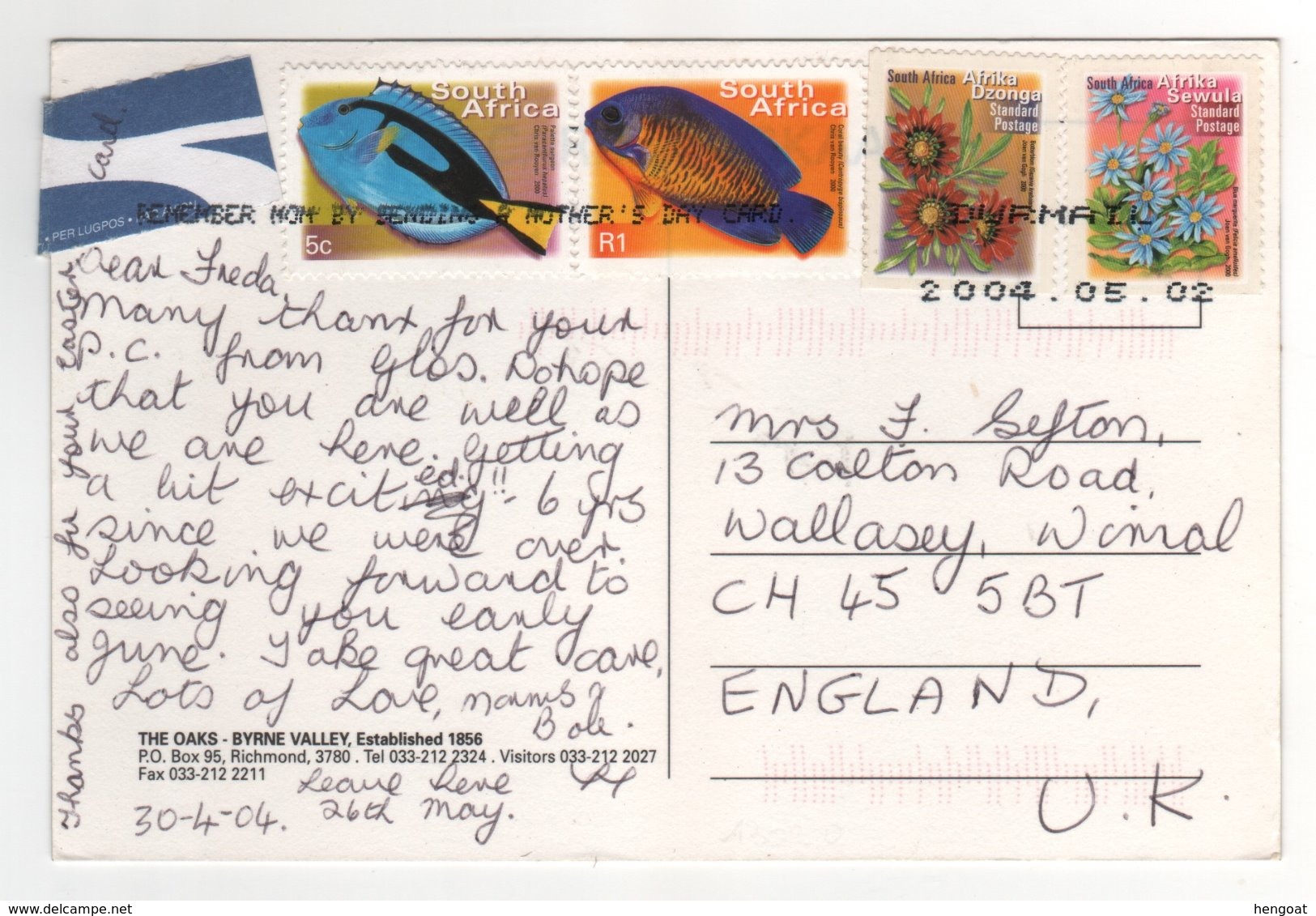 Beaux Timbres " Poissons , Fleurs " Sur Cp , Carte , Postcard Du 02/05/2004 - Briefe U. Dokumente