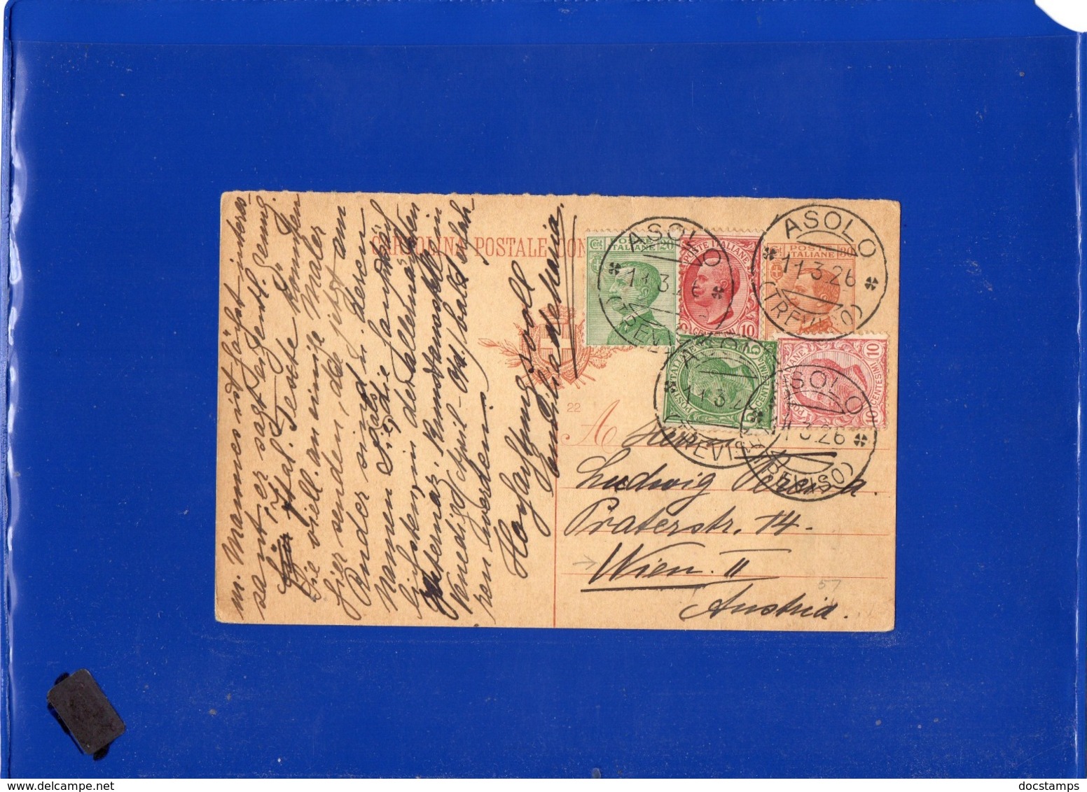 ##(DAN1910)-11-3-1926-Cartolina Postale Cent 30 Mill.22 Da Asolo (Treviso) Per L'estero, Vienna-Austria - Storia Postale