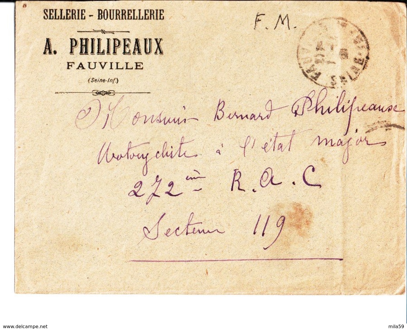 Enveloppe. Sellerie Bourrellerie A. Philipeaux Fauville à Bernard Philipeaux Motocycliste à L'Etat Major 272ème R. A. C. - Autres & Non Classés