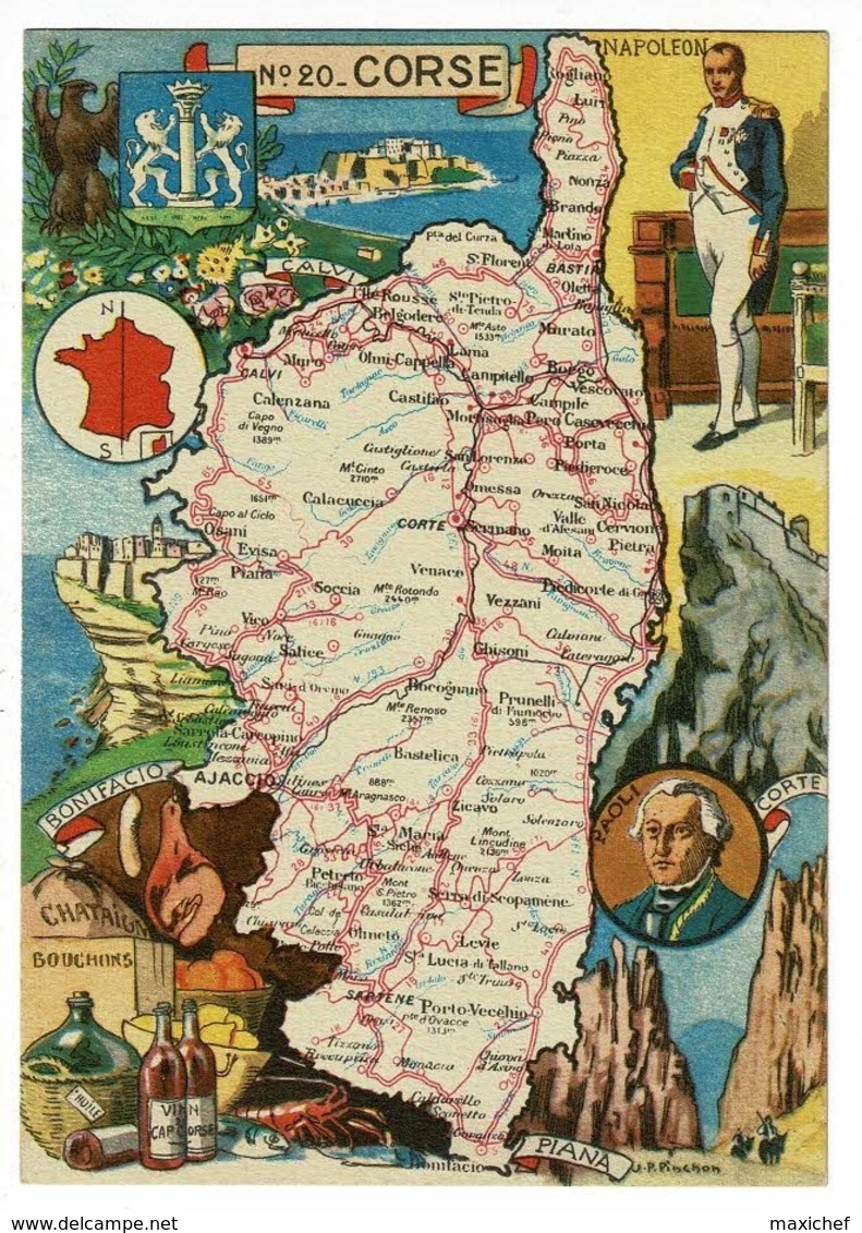 Carte Illustrée J P Pinchon - Blondel Rougery - Corse, Blason, Texte Historique Au Verso - Pas Circulé, Mat - Maps