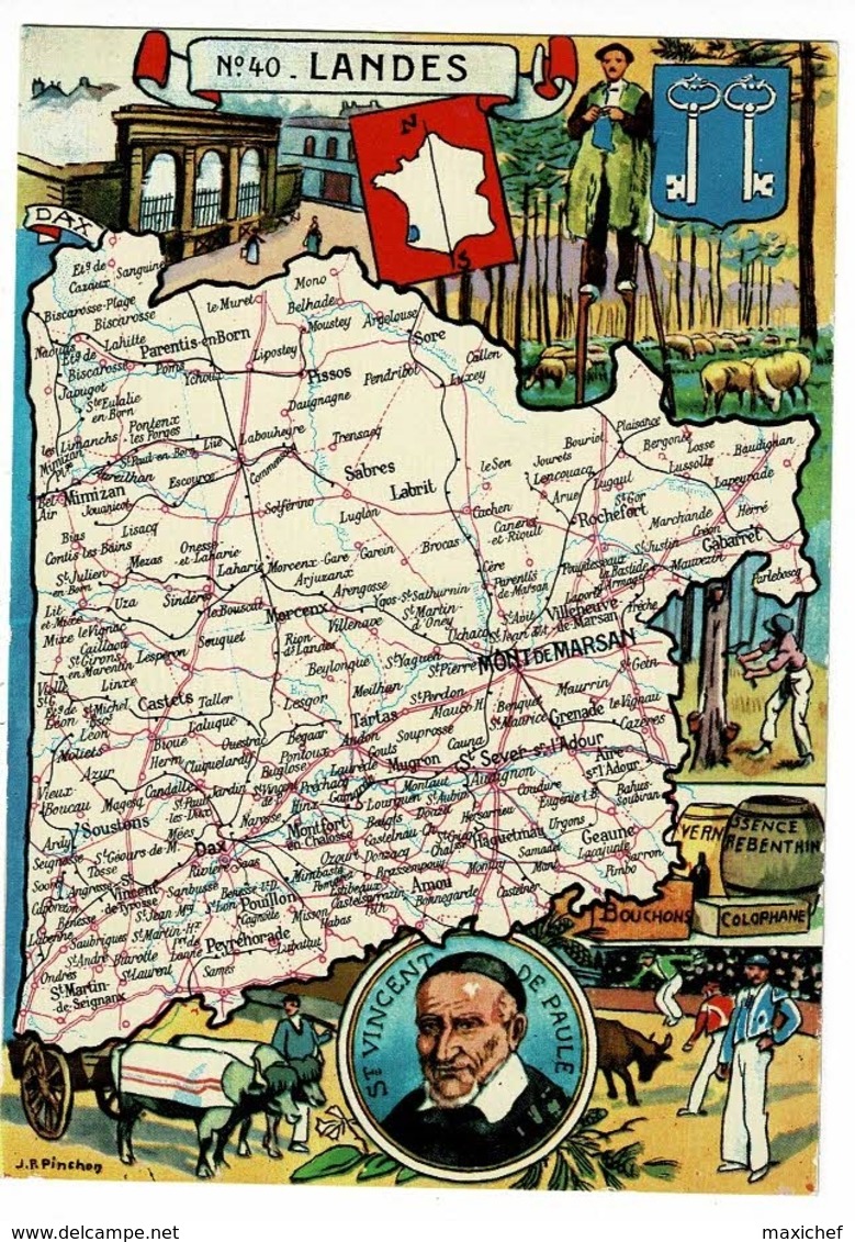 Carte Illustrée J P Pinchon - Blondel Rougery - Landes, Blason, Texte Historique Au Verso - Pas Circulé, Brillant - Cartes Géographiques