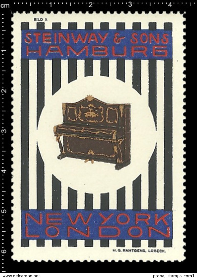 German Poster stamp, complete set in block of 6 poster stamps Reklamemarke Cinderella, Piano, Klavier Steinway & Sons