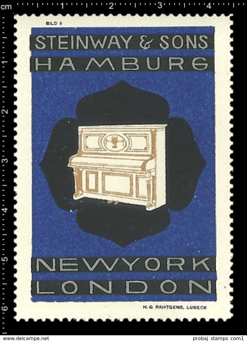 German Poster stamp, complete set in block of 6 poster stamps Reklamemarke Cinderella, Piano, Klavier Steinway & Sons