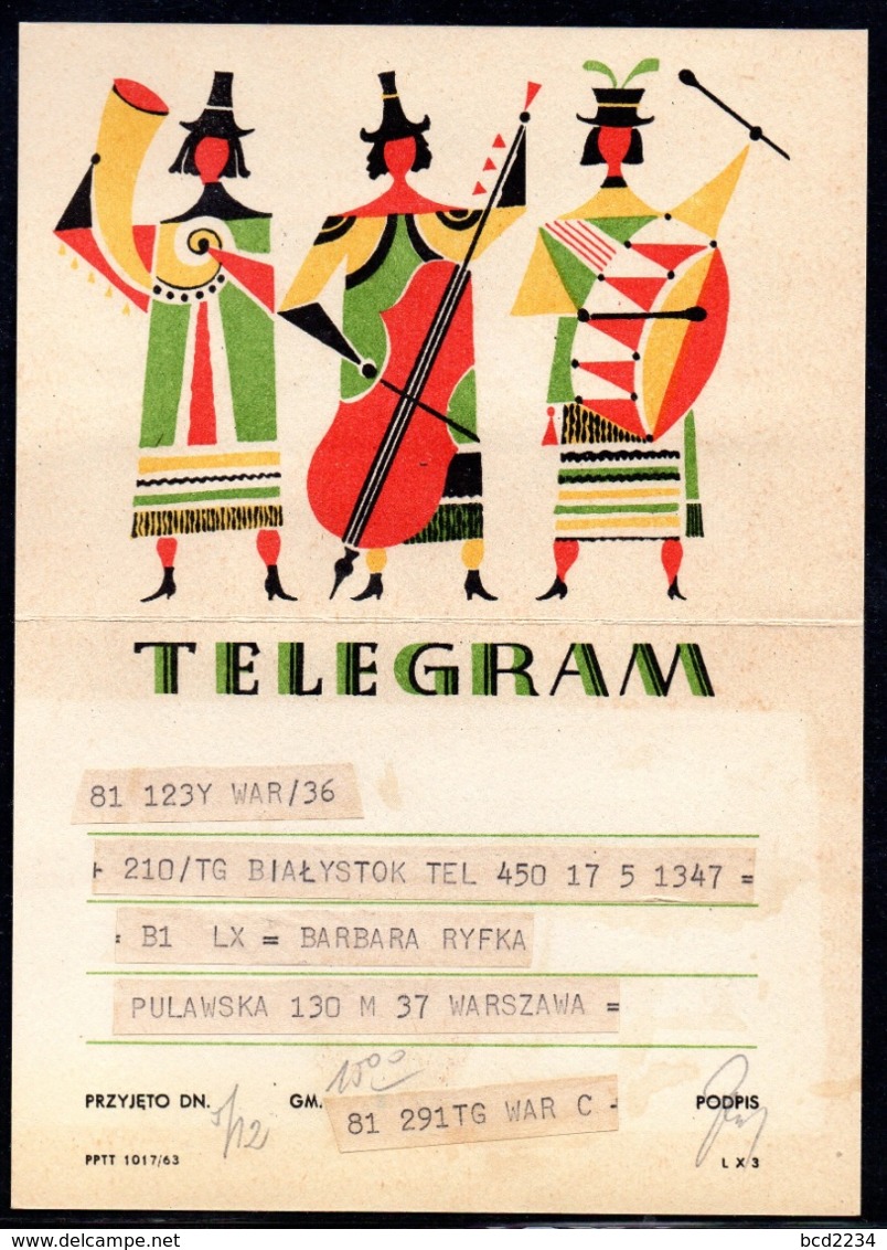 POLAND 1963 TELEGRAM FOLK BAND STREET ORCHESTRA MUSIC CULTURE TRADITIONS USED LX3 TÉLÉGRAMME TELEGRAMM TELEGRAMA - Lettres & Documents