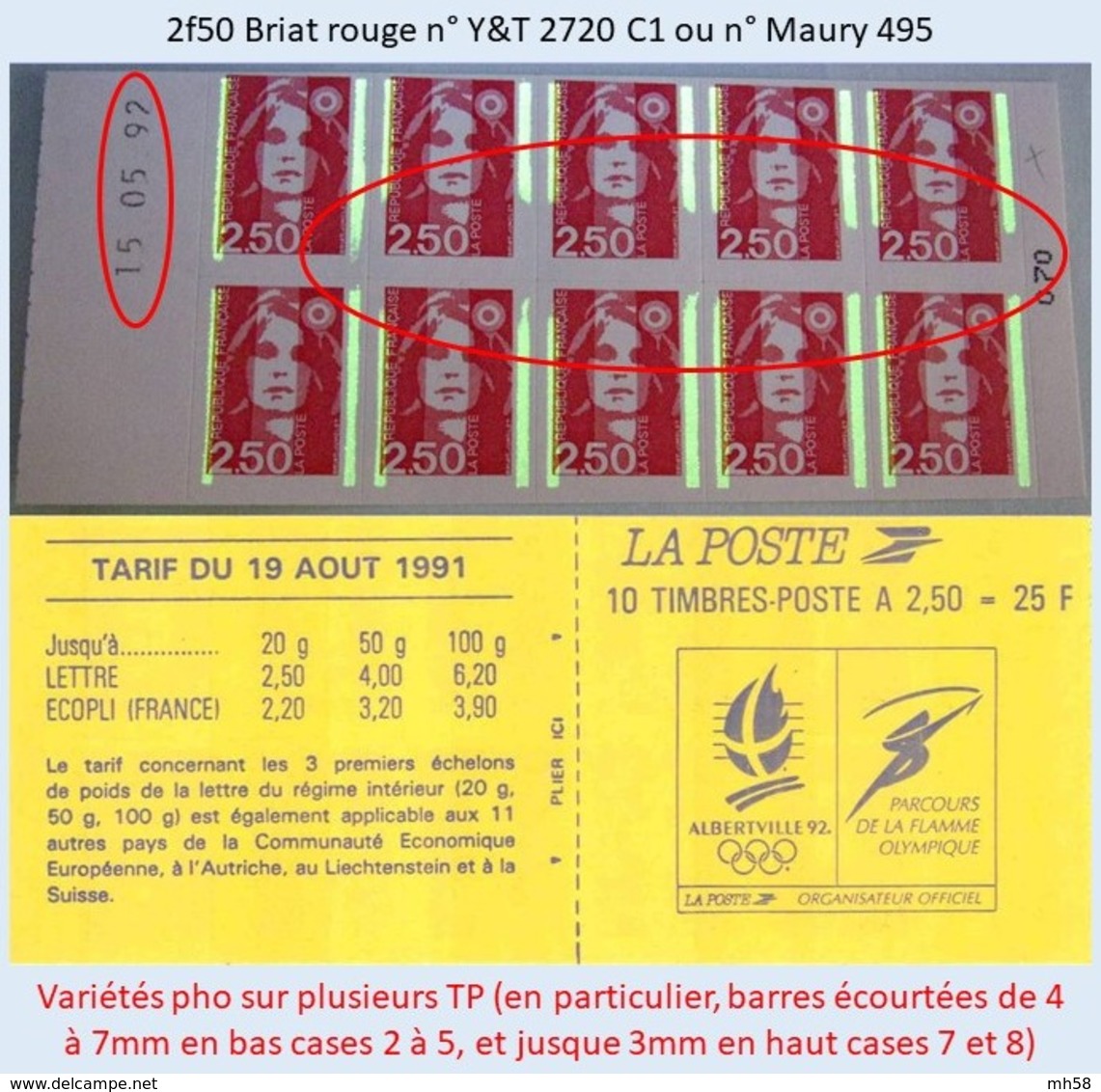 FRANCE - Carnet Date 15.05.92, Variétés Barres Pho - 2f50 Briat Rouge - YT 2720 C1 / Maury 495 - Autres & Non Classés