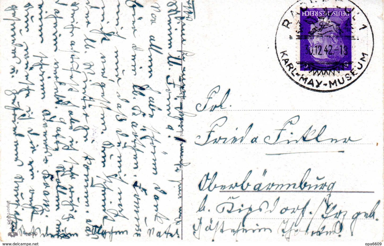 DR Glückwunsch-Karte EF 785 SSt 10.12.42 RADEBEUL 1 "KARL-MAY-MUSEUM" - Storia Postale