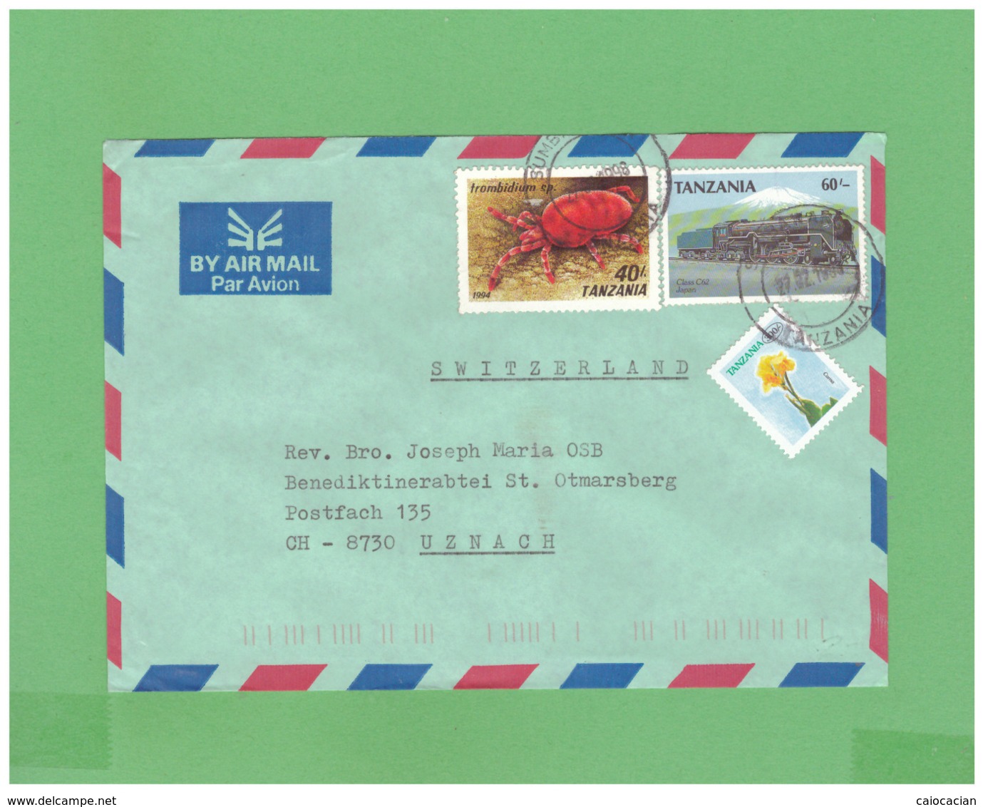 1994 TANZANIA AIR MAIL COUVERT WITH 3 DIV. STAMPS TO SWISS - Tanzania (1964-...)