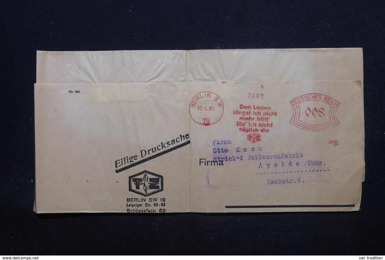 ALLEMAGNE - Bande Journal De Berlin En 1931 Pour Apolda, Affranchissement Mécanique - L 44332 - Covers & Documents