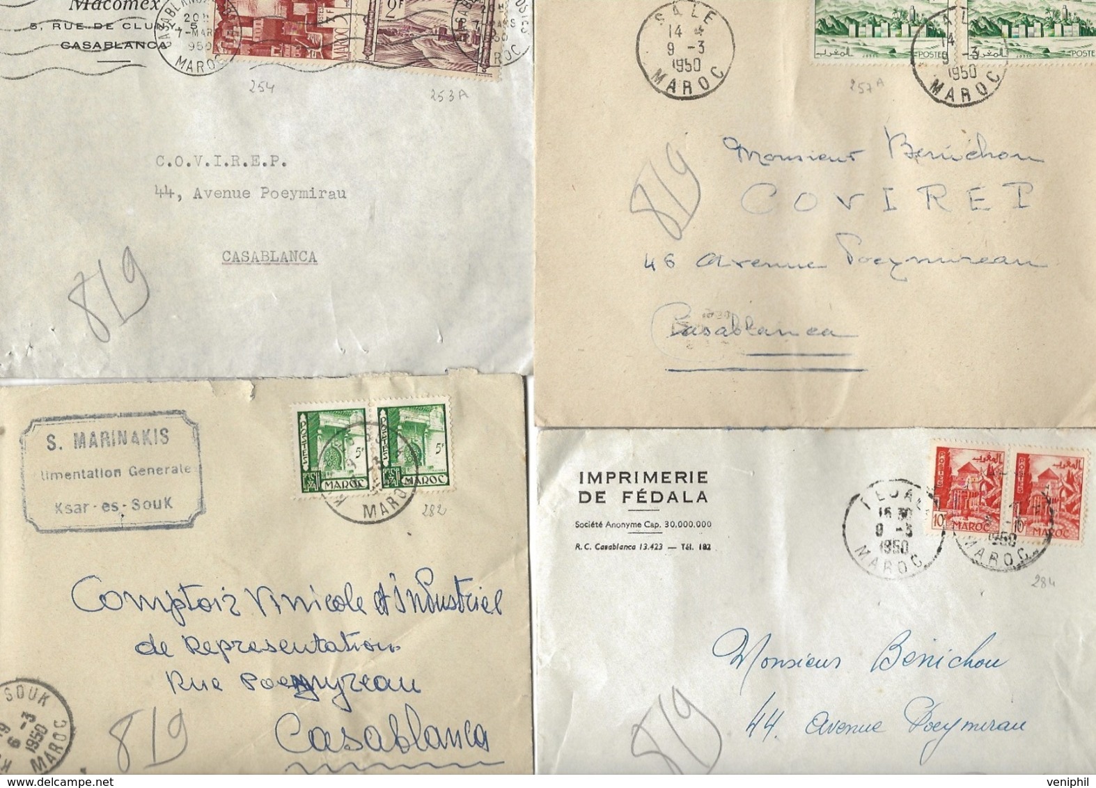 MAROC  - 4 LETTRES  DES ANNEES 1950- AFFRANCHISSEMENT DIVERS - Sonstige & Ohne Zuordnung