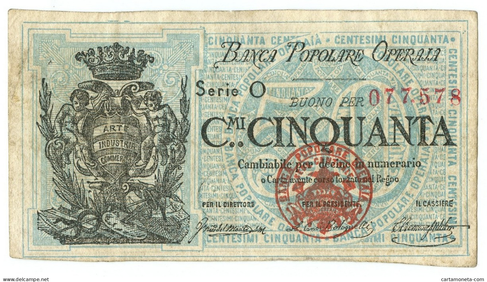 50 CENTESIMI BIGLIETTO FIDUCIARIO BANCA POPOLARE OPERAIA DI ROMA 1872 BB/BB+ - Altri & Non Classificati