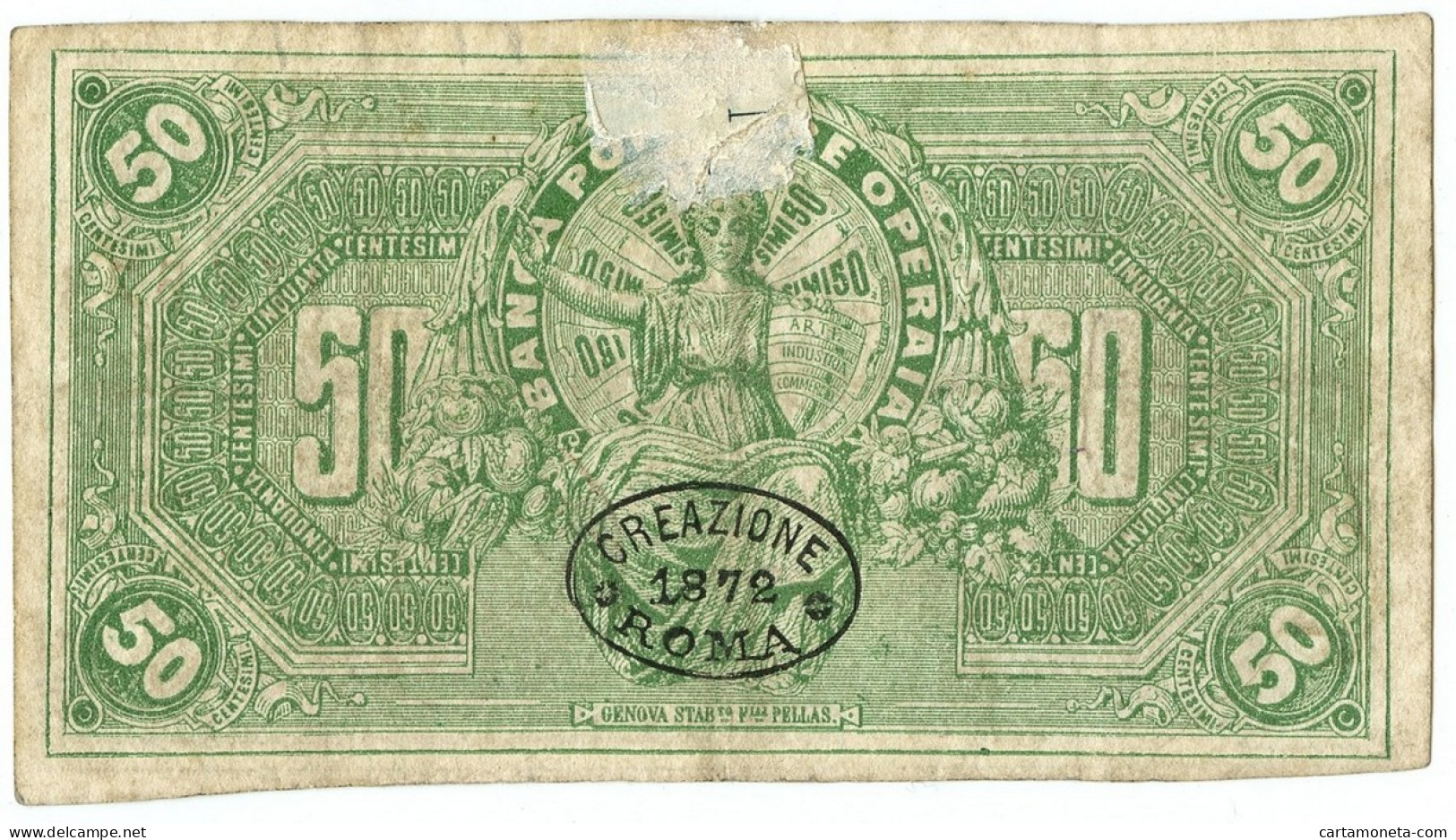 50 CENTESIMI BIGLIETTO FIDUCIARIO BANCA POPOLARE OPERAIA DI ROMA 1872 BB/BB+ - Altri & Non Classificati