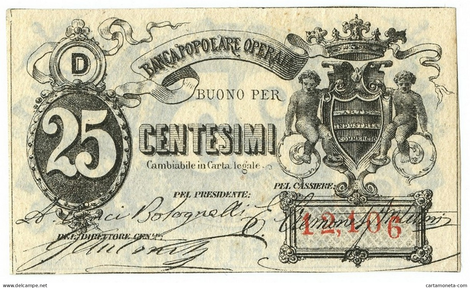 25 CENTESIMI BIGLIETTO FIDUCIARIO BANCA POPOLARE OPERAIA DI ROMA 1872 SUP- - Other & Unclassified