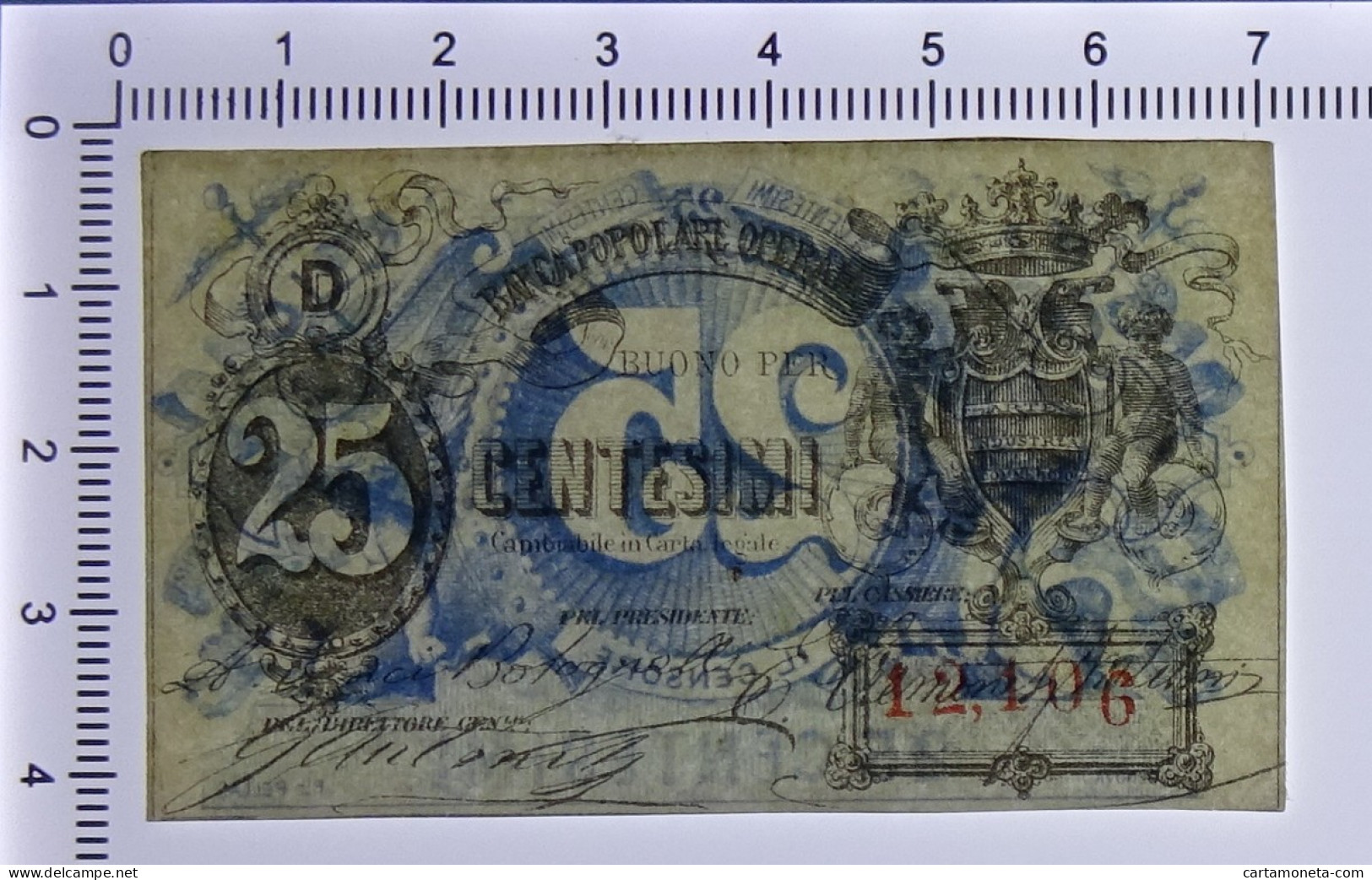 25 CENTESIMI BIGLIETTO FIDUCIARIO BANCA POPOLARE OPERAIA DI ROMA 1872 SUP- - Altri & Non Classificati