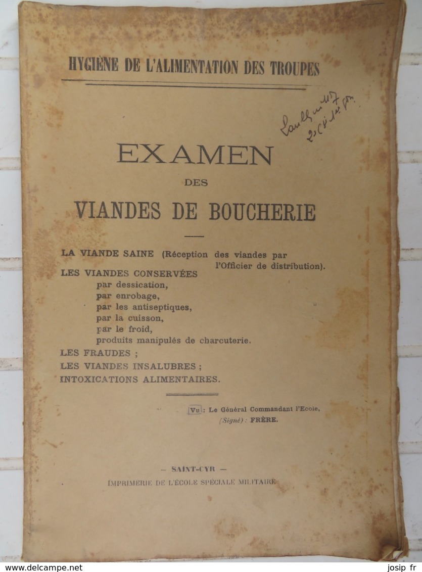 MANUEL MILITAIRE (ÉCOLE SAINT-CYR): HYGIÈNE DE L'ALIMENTATION DES TROUPES- EXAMEN DES VIANDES DE BOUCHERIE 1933-34 - Francese