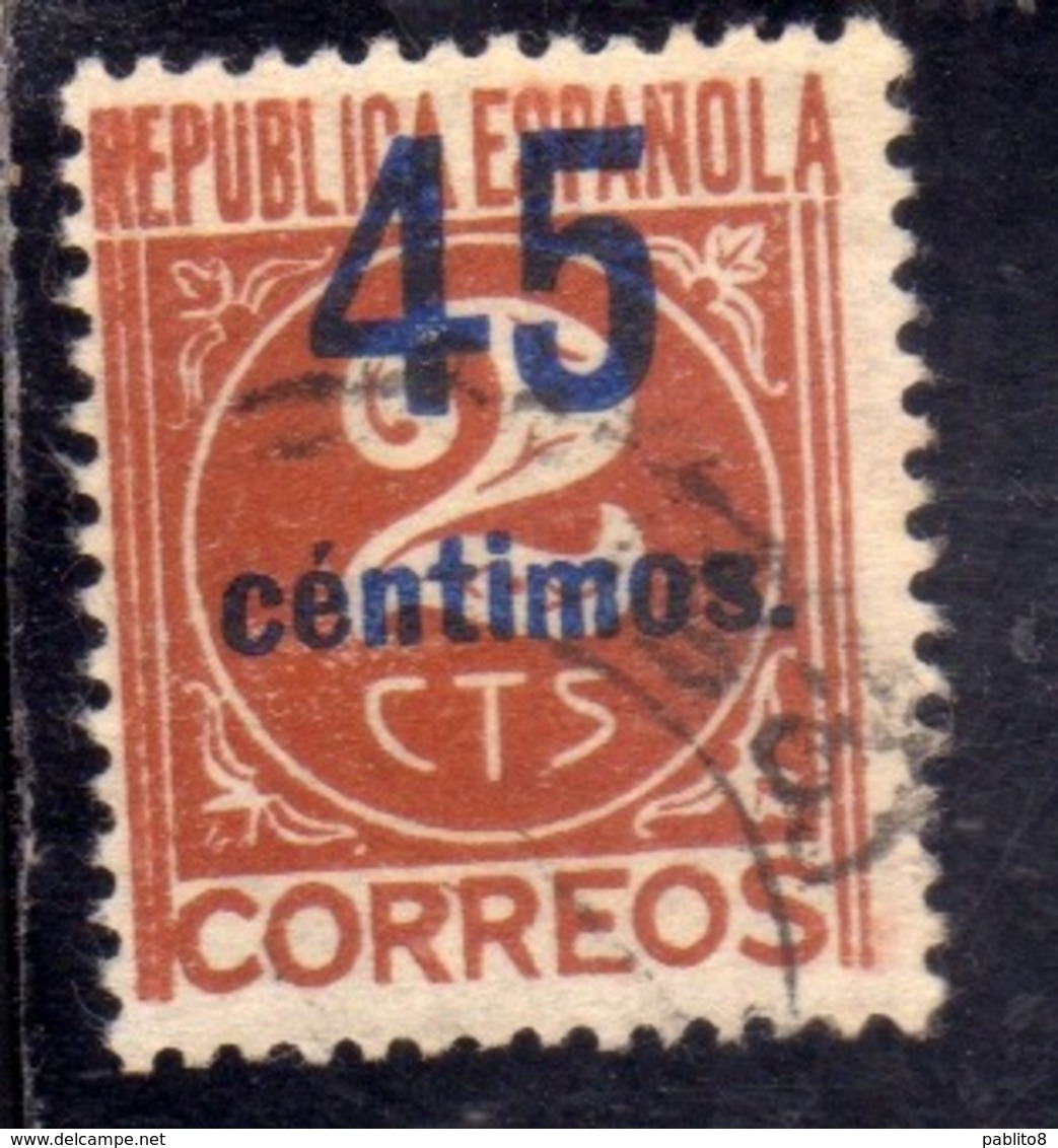 SPAIN ESPAÑA SPAGNA 1938 REPUBLICA ESPANOLA NUMERAL CIFRA SURCHARGED CENT. 45 On 2c USED USATO OBLITERE' - Usati