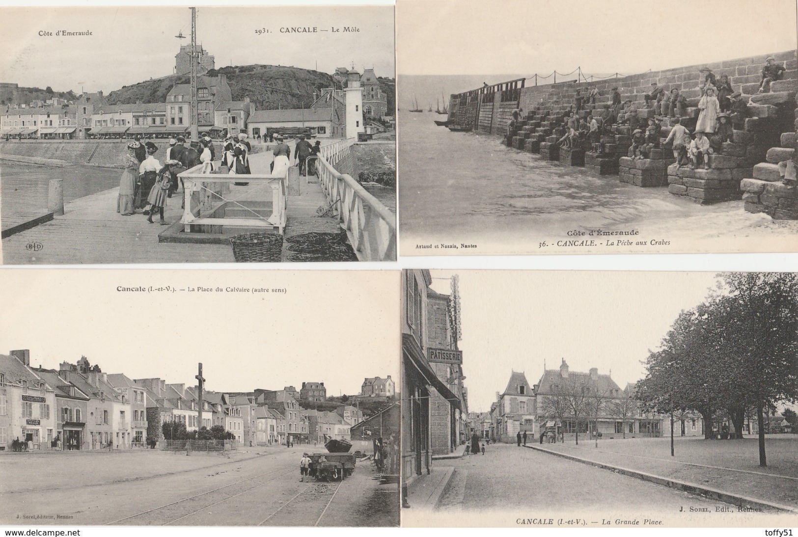 4 CPA:CANCALE (35) LA GRANDE PLACE,PÊCHE AUX CRABES,PLACE DU CALVAIRE,LE MÔLE - Cancale