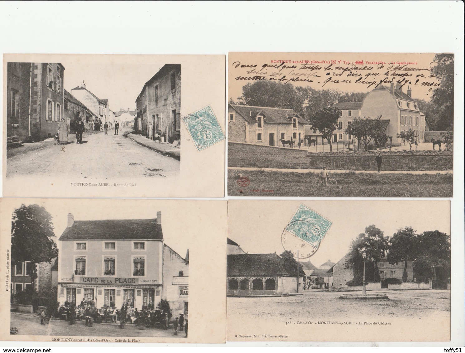 4 CPA:MONTIGNY SUR AUBE (21) PLACE DU CHÂTEAU,ROUTE DE RIEL,CAFÉ DE LA PLACE,CHEVAUX GENDARMERIE..ÉCRITES - Other & Unclassified