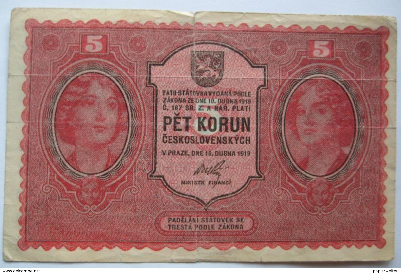 5 Kronen / Pet Korun 1919 (WPM 7) - Czechoslovakia