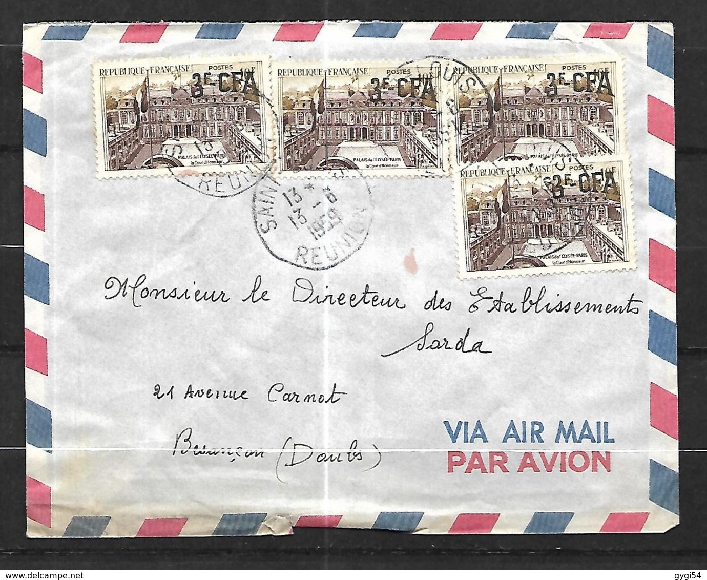 Réunion  Lettre  Par Avion  Du 12  06 1959   De  Saint Louis  Pour  Besançon Cachet D' Arrivée 22 12 - Lettres & Documents