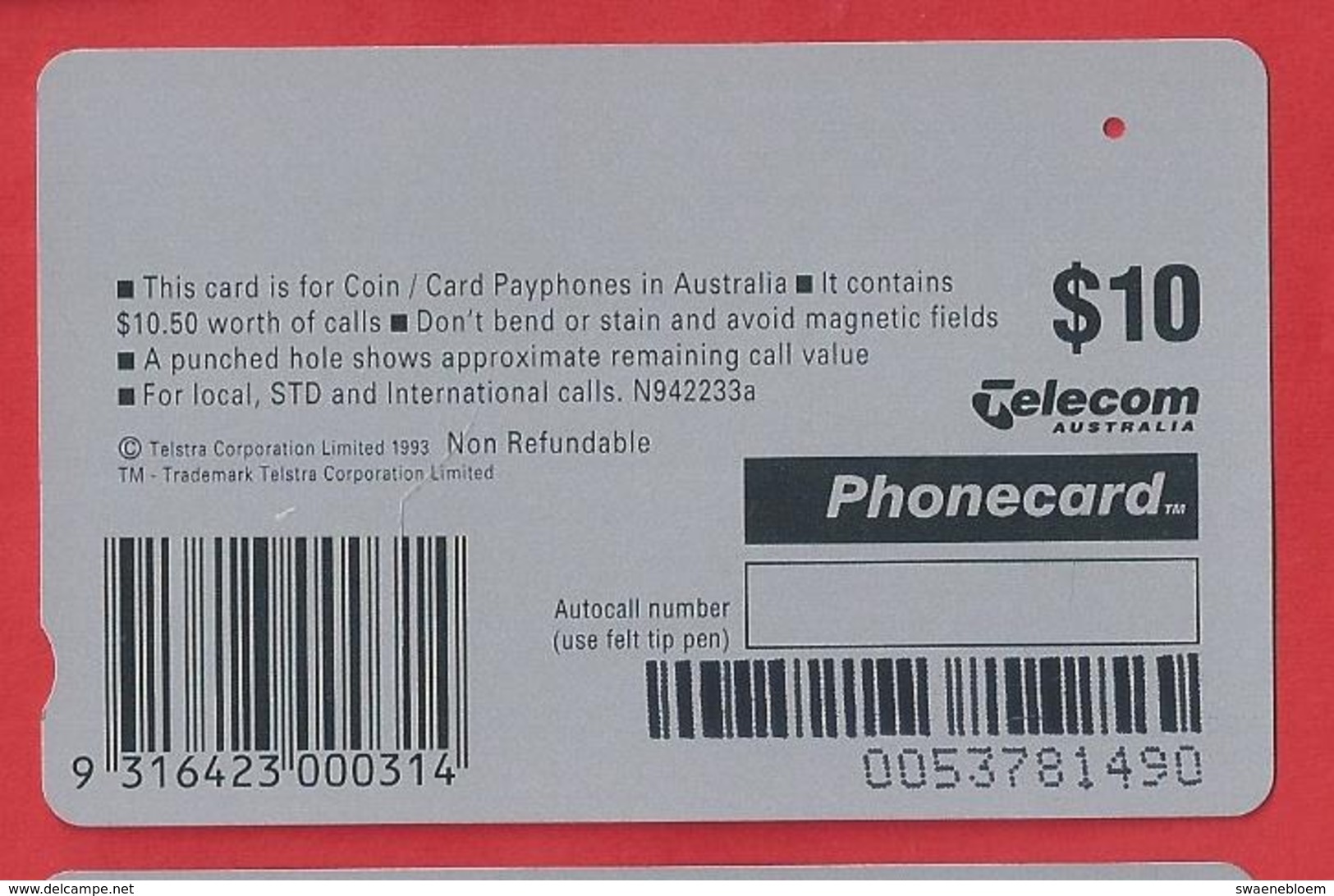 AU.- Telelecom Phonecard $10. 1894-1994. Royal Life Saving Society Australia. AUSTRALIE. 0053781490. - Sport