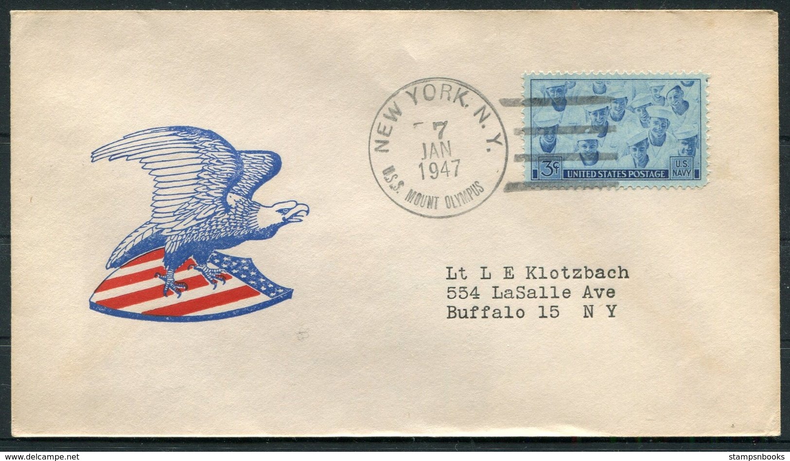 1947 USA New York, Operation Highjump Antarctic Polar Expedition Ship Cover. U.S.S. MOUNT OLYMPUS - Antarctic Expeditions