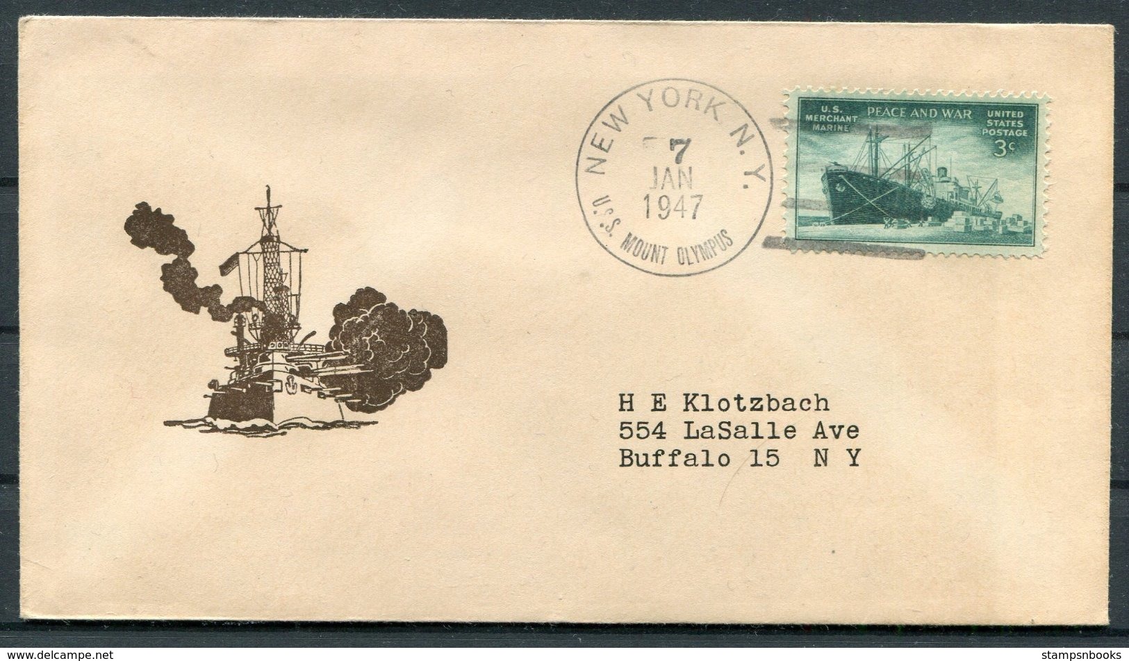 1947 USA New York, Operation Highjump Antarctic Polar Expedition Ship Cover. U.S.S. MOUNT OLYMPUS - Antarctic Expeditions