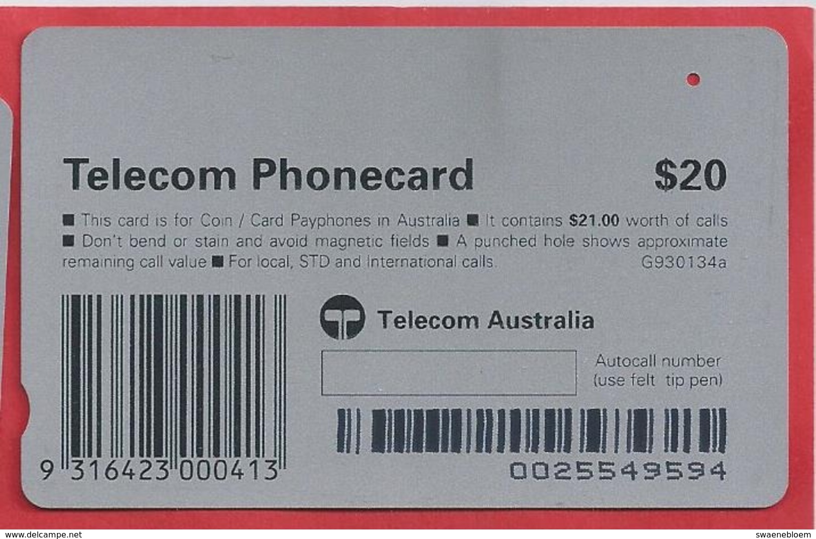 AU.- Telelecom Phonecard $20. GREAT BARRIER REEF Australia. AUSTRALIE. 0025549594. - Vissen