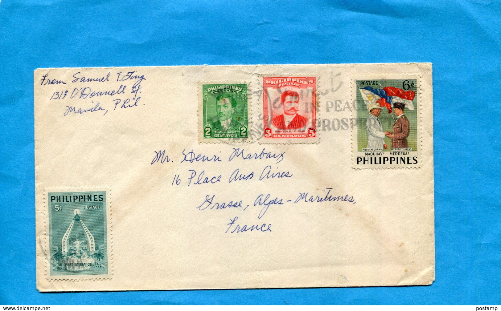 MARCOPHILIE-PHILIPPINES *Lettre >France Cad 1954 4stamps N° 410 Visite Soekarno +412 International Fair - Filipinas