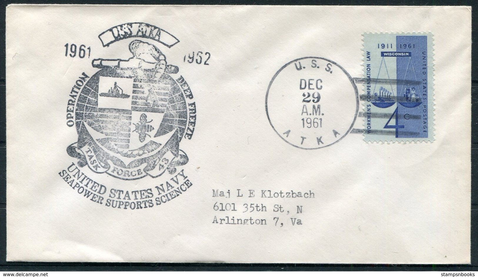 1961 USA Operation Deep Freeze Antarctic Polar Expedition Ship Cover. U.S.S. ATKA - Antarctic Expeditions