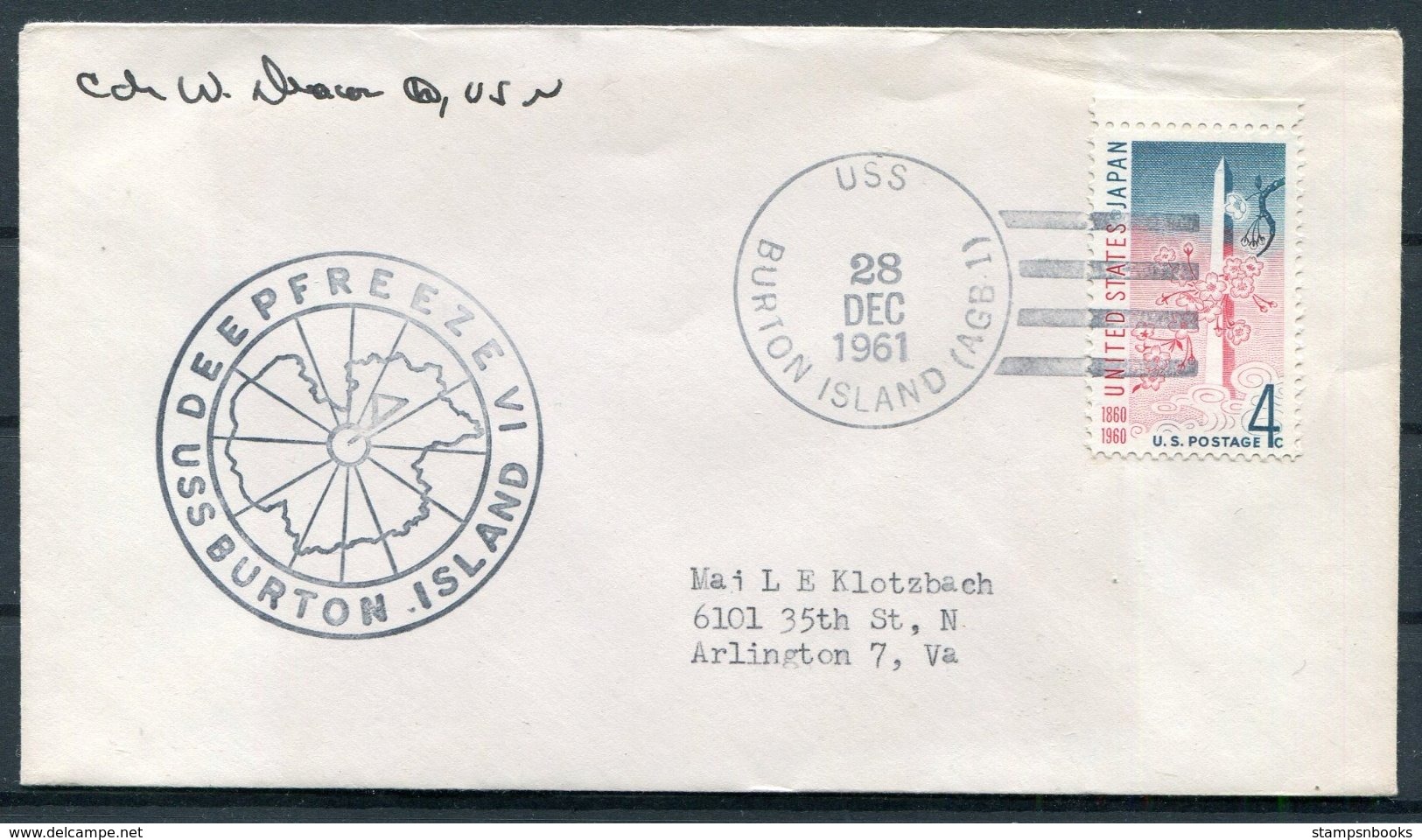 1961 USA Operation Deep Freeze Antarctic Polar Expedition Ship Cover U.S.S. BURTON ISLAND. - Antarctic Expeditions