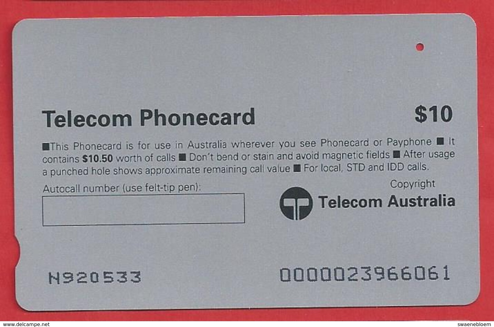AU.- Telelecom Phonecard $10. Numbat Endangered Species. Australia. AUSTRALIË. N920533.- 0000023966061. - Andere & Zonder Classificatie